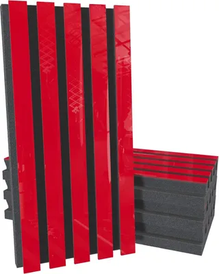 Zdjęcie produktu dla Zestaw 4 sztuk – akustyczne lamele drewniane (HDF) „Pole-HALF” zestaw paneli ściennych | 50 x 25 cm | Dyfuzja | Redukcja hałasu | [53 mm | Czerwone błyszczące tworzywo sztuczne]