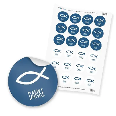Produktbild von 24x Sticker Fisch Danke (Motiv 33) 4cm Aufkleber Taufe Kommunion Konfirmation