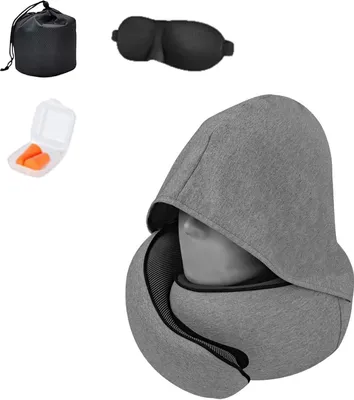 Produktbild von STILVORA Kopfkissen Tragbares, Memory-Schaum Nackenkissen mit Kapuze – Hellgrau, inkl. Aufbewahrungstasche, Augenmaske Ohrstöpsel, ergonomisch reisefreundlich