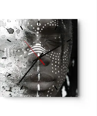 Produktbild von Wanduhr - Quadrat - Glasuhr - Afrikanisch Autochthon Gesicht - 30x30cm - Schleichendes Uhrwerk - Lautlos - zum Aufhängen bereit - Dekoration Modern - Wanddekoration aus Glas - C3AC30x30-4788