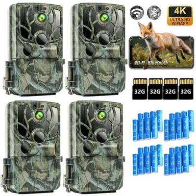 Image de Caméra de chasse 4K avec application de transmission sur smartphone, caméra de chasse Wi-Fi avec détecteur de mouvement, vision nocturne, étanche, déclenchement en 0,5 seconde, carte SD 32 Go incluse, 8 piles AA, 4 pièces