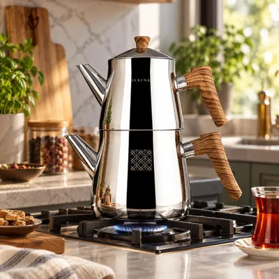 Immagine prodotto di Set di teiere in acciaio inox Serenk Definition, teiera da 1 litro e casseruola da 2 litri, design a due piani, adatto all'induzione, superficie lucidata a specchio,  Türkiye