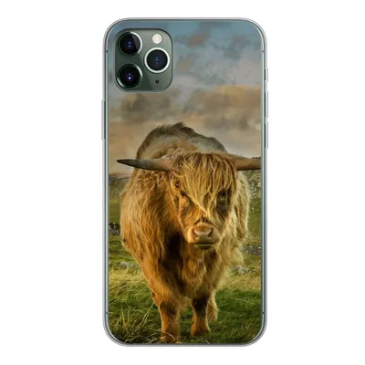 Produktbild von MuchoWow® Handyhülle Schutzhülle Hülle für iPhone 11 Pro Max Schottischer Highlander - Gras - Berg Silikon Softcase Handy Hülle - Schutz