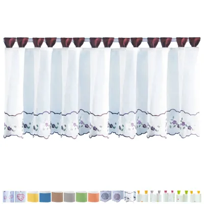 Produktbild von Bistrogardine Blumen Rot ca. 150x45 cm – transparente Voile Gardine mit Schlaufen, Polyester, Sichtschutz für Küchenfenster