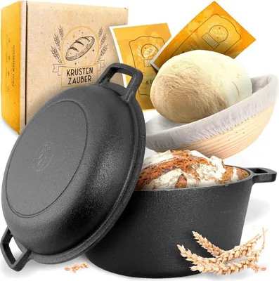 Produktbild von KRUSTENZAUBER 26cm Gusseisen Topf Brot Backen inkl. Gärkorb - Robuste Brotbackform mit Deckel - Idealer Brottopf, Brotbacktopf, Brotbackset Gusseisentopf Brotbacken, Brot Backen Zubehör, Brotform