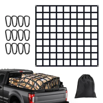 Immagine prodotto di Rete per bagagli, adatta per il cassone del pick-up, dimensioni 1,22x1,22 metri, estendibile fino a 2,90x2,90 metri, realizzata con corda in gomma da 25 mm, dotata di 12 ganci a uncino e 4 anelli