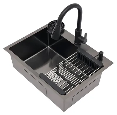 Produktbild von Küchenspüle - Einzelbecken - 60 × 45 cm - Edelstahl - Ausziehbare Armatur - 3 Hahnlöcher - Schwarz