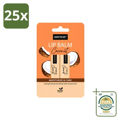 Imagen del producto de 25 bálsamos labiales Sence, hidratantes y nutritivos, sabor coco, 4,3 g cada uno, pack de 25 unidades
