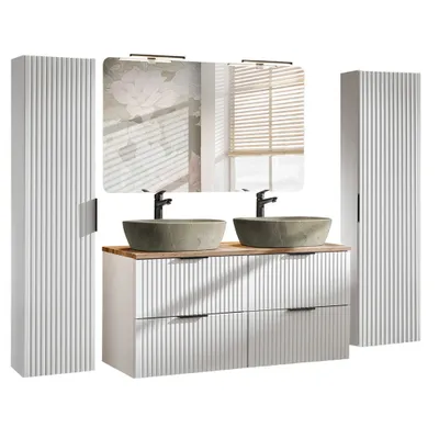 A modern bathroom vanity set with double sinks, mirror, and two tall cabinets, presented against a white background.