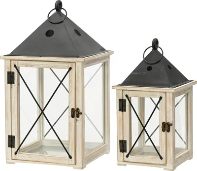 Produktbild von Laternen Holz100% Metall 24x46cm / 18x34,5cm mit Henkel 2er Set