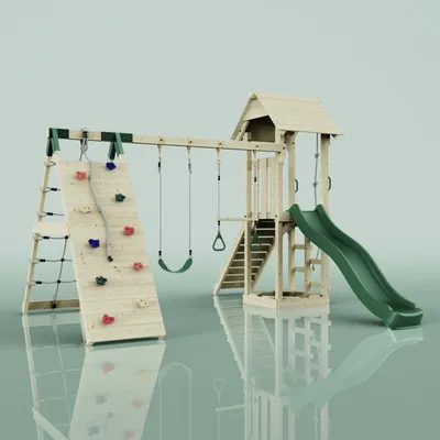 Produktbild von OutdoorToys Spielturm Kiruna aus Holz in Grün Trapezschaukel Trapezstange