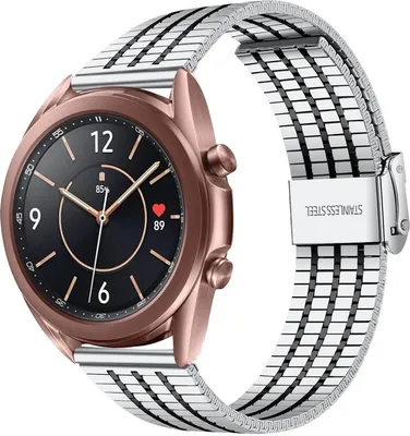 Produktbild von Strap-it Edelstahlarmband - Kompatibel mit Samsung Galaxy Watch 3 Armband 41mm Ersatzarmband Edelstahl - Verstellbarer Verschluss - Hochwertiges Material - für Smartwatch 20mm Armband Silber / Schwarz