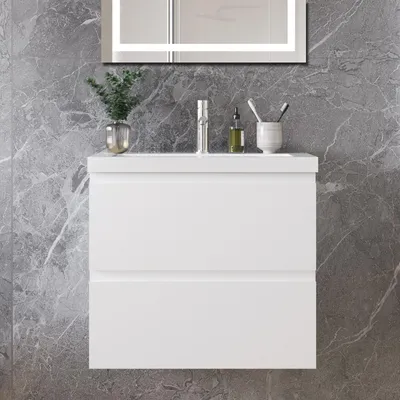 Produktbild von 60 cm Badmöbel-Set Unterschrank mit Mineralguss waschtisch 2 Schubladen soft-close Weiß Matt Selbstmontierter