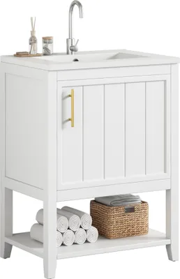 Produktbild von Abrihome Badmöbel Einzelwaschtisch 60x47x87 cm Badezimmerschrank Unterschrank, Keramikwaschbecken und Ablage, Schrank aus Holz, Weißes
