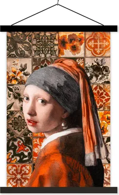 Produktbild von MuchoWow® Textilposter Mädchen mit Perlenohrring - Johannes Vermeer - Ölgemälde 60x90 cm mit schwarzem Rahmen - Poster Wohnzimmer
