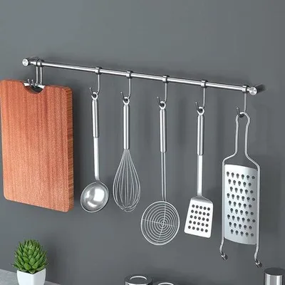 Immagine prodotto di Barra da cucina in acciaio inossidabile color argento, 40 cm, barra da cucina con 7 ganci, supporto per barra da cucina