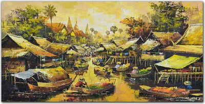 Produktbild von Coloray Bild aus Leinwand 140x70 Leinwand Dekoration - Boote Dorf Baum Himmel