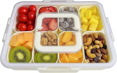 Produktbild von Famanu Snackbox mit 8 Fächern und Deckel - tragbare Snackschale mit Handgriff