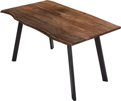 Produktbild von Esszimmertisch 140x80 cm Laxmi, echte Baumkante, nussbaumfarben, massiver Esstisch aus Akazienholz, Baumkantentisch mit Vier Metallbeinen Schwarz