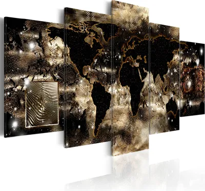 Produktbild von Modernes Wandbild k-A-0008-b-p (150x75) - 5 Teilig Bilder Fotografie auf Vlies Leinwand Foto Bild Dekoration Wand Bilder Kunstdruck Weltkarte Welt schwarz gold silber