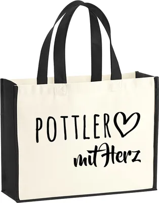 Produktbild von Huuraa Jutetasche Pottler mit Herz 21 Liter Black Jute und Baumwolle Einkaufstasche Geschenkidee