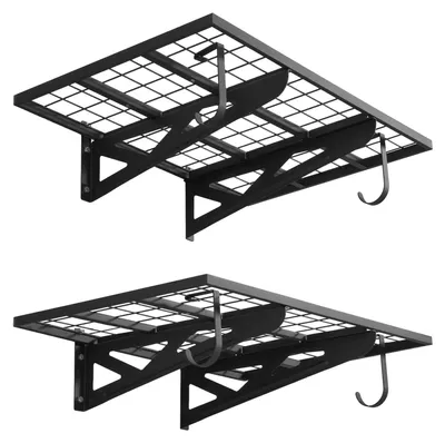Produktbild von Garagenregal 2er-Set - Wandregal Werkzeughalter aus Metall - Tragkraft 113 kg pro Ebene - Regalfläche 91,4 x 62 cm - Tiefe 21 cm - Mit Haken - Werkzeugaufbewahrung