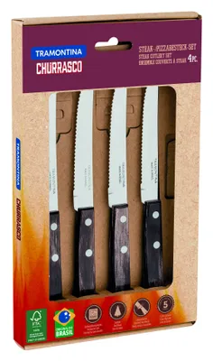 Produktbild von Tramontina CHURRASCO Steak-/Pizzamesser, 4er Set., Steakmesser, Messer, Edelstahl / Holz, 92000-001