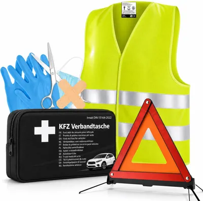 Produktbild von 3 in 1 Set Auto Erste Hilfe Kit - KFZ-Verbandskasten, Warnweste, Warndreieck - Pannenset & Unfallzubehör für PKW, KI-generiertes Bild