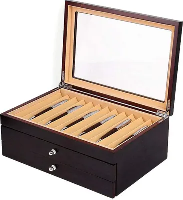 A wooden pen box with a glass lid, filled with pens, and two drawers at the bottom.