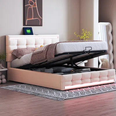 Produktbild von Merax Polsterbett 140x200cm mit 2 USB und LED, Hydraulisches Boxspringbett mit Stauraum und Lattenrost, Doppelbett mit höhenverstellbarem Kopfteil und Leinenbezug, Beige