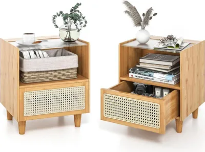 Produktbild von 2er Set Nachttisch aus Bambus, Beistelltisch mit Rattan-Schublade & Massivholzbeinen & verstecktem Stauraum,43 x 35 x 50cm, Natur