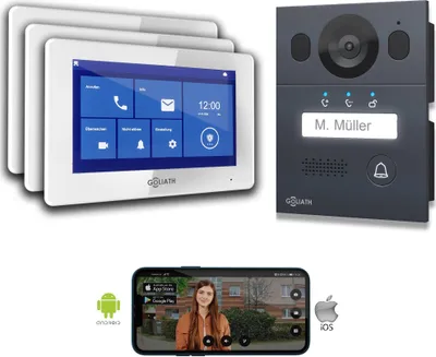 Produktbild von Goliath Basic Line 2-Draht Video Türsprechanlage Weiß/Anthrazit : Aufputzdose : 3 Monitore Türklingel Montagedose: Aufputzdose Monitor Anzahl: 3 Monitore