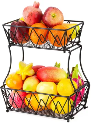 Zdjęcie produktu dla 2-poziomowy kosz na owoce Misa na owoce Metalowy kosz na owoce Etażer 31 cm Kosz na owoce Czarny Kosz na owoce Kosz na owoce