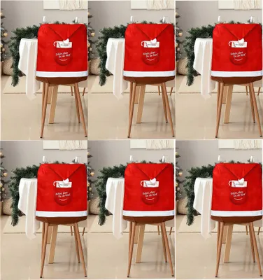 Produktbild von 6 x Stuhlhussen "Weihnachtsmütze" mit Spruch und Tasche 48 x 64 cm Stuhlüberzug Weihnachten Husse für Weihnachten