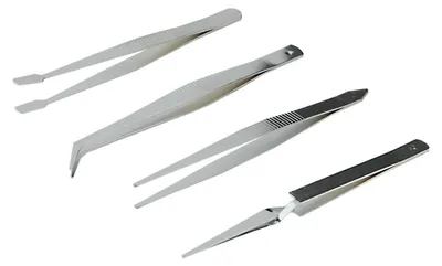 Produktbild von Pinzetten Set 4 tlg Kreuzpinzette Spitzpinzette Flachpinzette Uhrmacher Pinzette