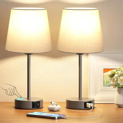 Produktbild von Nachttischlampe Touch Dimmbar 2er Set mit USB A und USB C Ladefunktion LED Tischlampe Grau für Schlafzimmer Büro