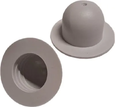 Two gray swimming pool drain plugs on a white background.