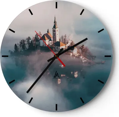 Produktbild von Wanduhr - Rund - Glasuhr - Alpen Bled Kirche - 40x40cm - Schleichendes Uhrwerk - Lautlos - zum Aufhängen bereit - Dekoration Modern - Wanddekoration aus Glas - C3AR40x40-4130