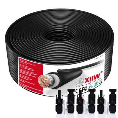 Zdjęcie produktu dla Kabel solarny o przekroju 10 mm², długość 25 metrów, służący do przedłużania instalacji fotowoltaicznych. Kabel miedziany, odporny na warunki atmosferyczne (IP67), przeznaczony do paneli solarnych/instalacji fotowoltaicznych, w tym do zakopania w ziemi. Zawiera 3 pary złączek solarnych o natężeniu 60A. Napięcie: 1800V