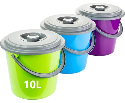 Immagine prodotto di Set di secchi in plastica, composto da 3 pezzi, con coperchio, adatti al contatto con gli alimenti, per uso domestico e da giardino