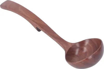 A single wooden ladle on a white background.