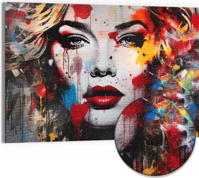 Produktbild von DEQORI Hybrid Leinwand Bild 90x60 cm 'Pop Star Farbexplosion' Wandbild Glas flach modern