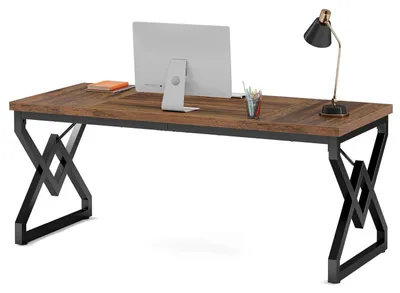 Immagine prodotto di Scrivania da 160 cm con piano in legno extra spesso e struttura in metallo, colore marrone rustico
