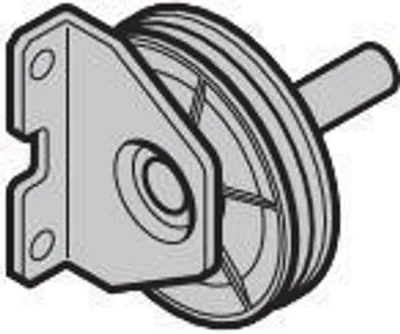 A technical drawing of a metal pulley system component.