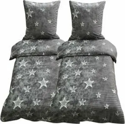 Produktbild von 4 tlg Bettwäsche Garnitur Deckenbezug Bettbezug Bettgarnitur Microfaser Mikrofaser 135x200 cm Galaxy Grau Sterne