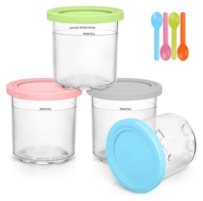 A set of four clear plastic containers with colored lids and four small spoons, arranged in a group on a white background.