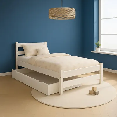 Produktbild von MEBLE WRÓBEL Kinderbett 90x180 cm mit Schublade und Lattenrost - Einzelbett aus Kiefer Massivholz - Kinder Bett Montessori - Jugendbett in Weiß - ohne Matratze