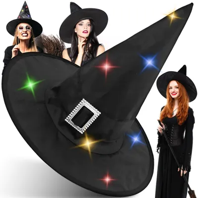 Produktbild von Hexenhut LED Lichterkette Halloween Hexen Hut mit Dekoleuchte Hexe Kostüm Zubehör Dekoration Licht Kinderhut Kinder und Erwachsene Schwarz Retoo