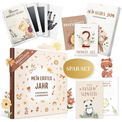 Produktbild von EULENTALER® Babytagebuch erstes Jahr Set I 3er Set: Babyalbum mein erstes Jahr, 48 Meilensteinkarten Baby & Baby Fußabdruck Set als Geschenk