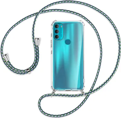 Produktbild von Handykette Backcover-Schutzhülle mit Band (Metall silberfarben) für Motorola Moto G71 5G - grün/blau/weiß